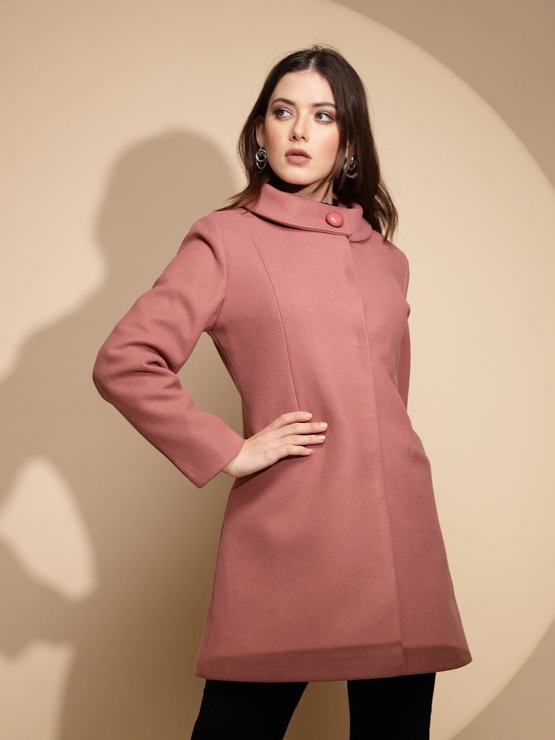 Women Pink Solid High Neck Full Sleeve Loose fit Coat