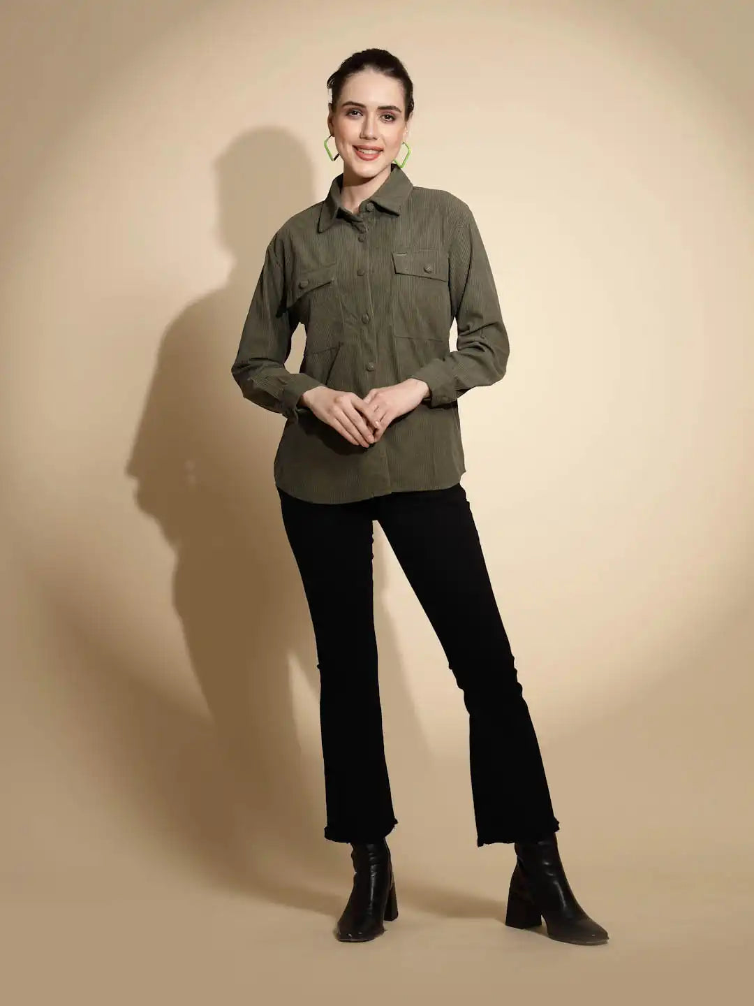 Olive Solid Full Sleeve Collared Neck Cotton Shirt