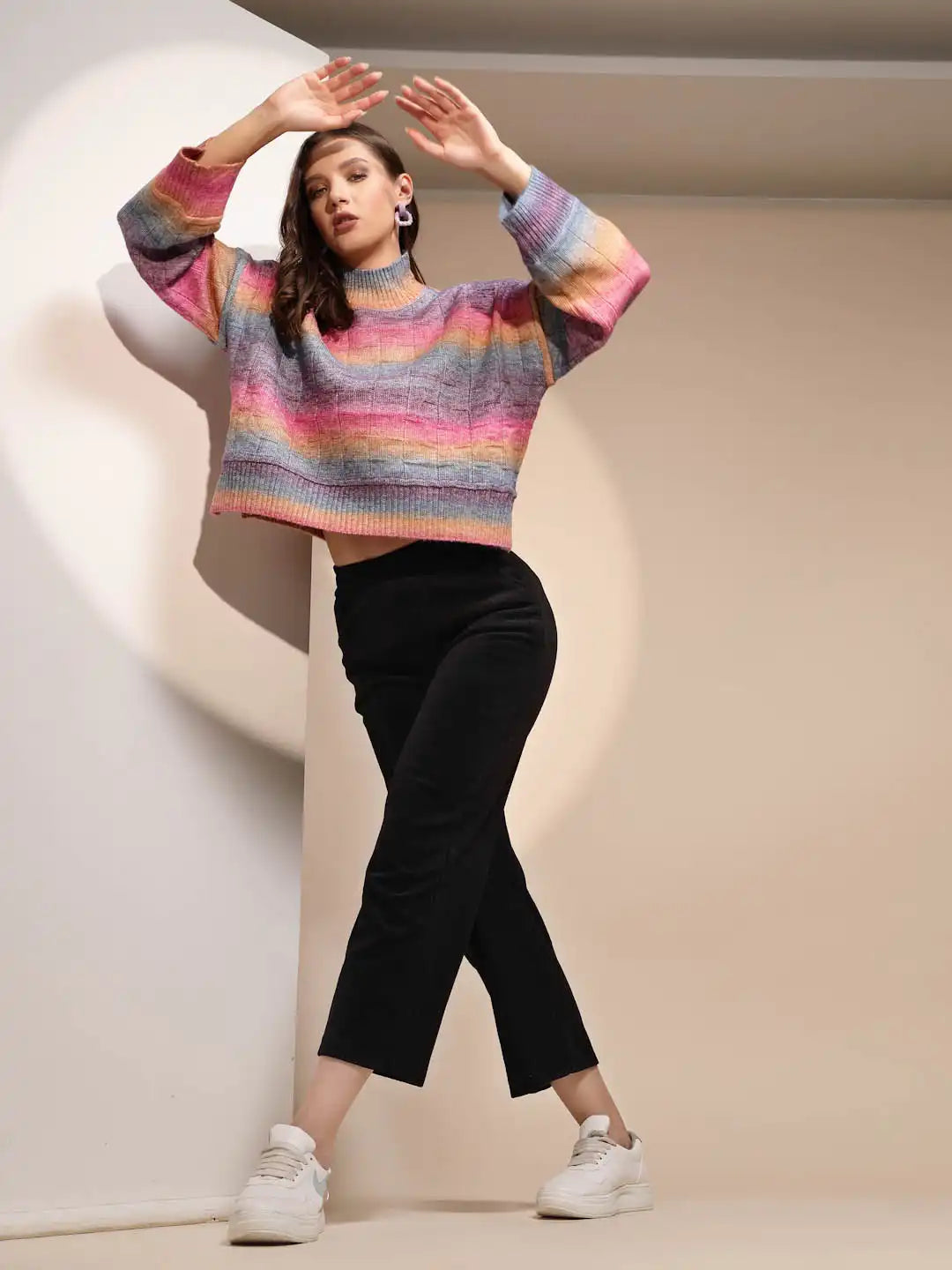 Multi Color High Neck Loose Fit Drop Shoulder Knitted Pullover