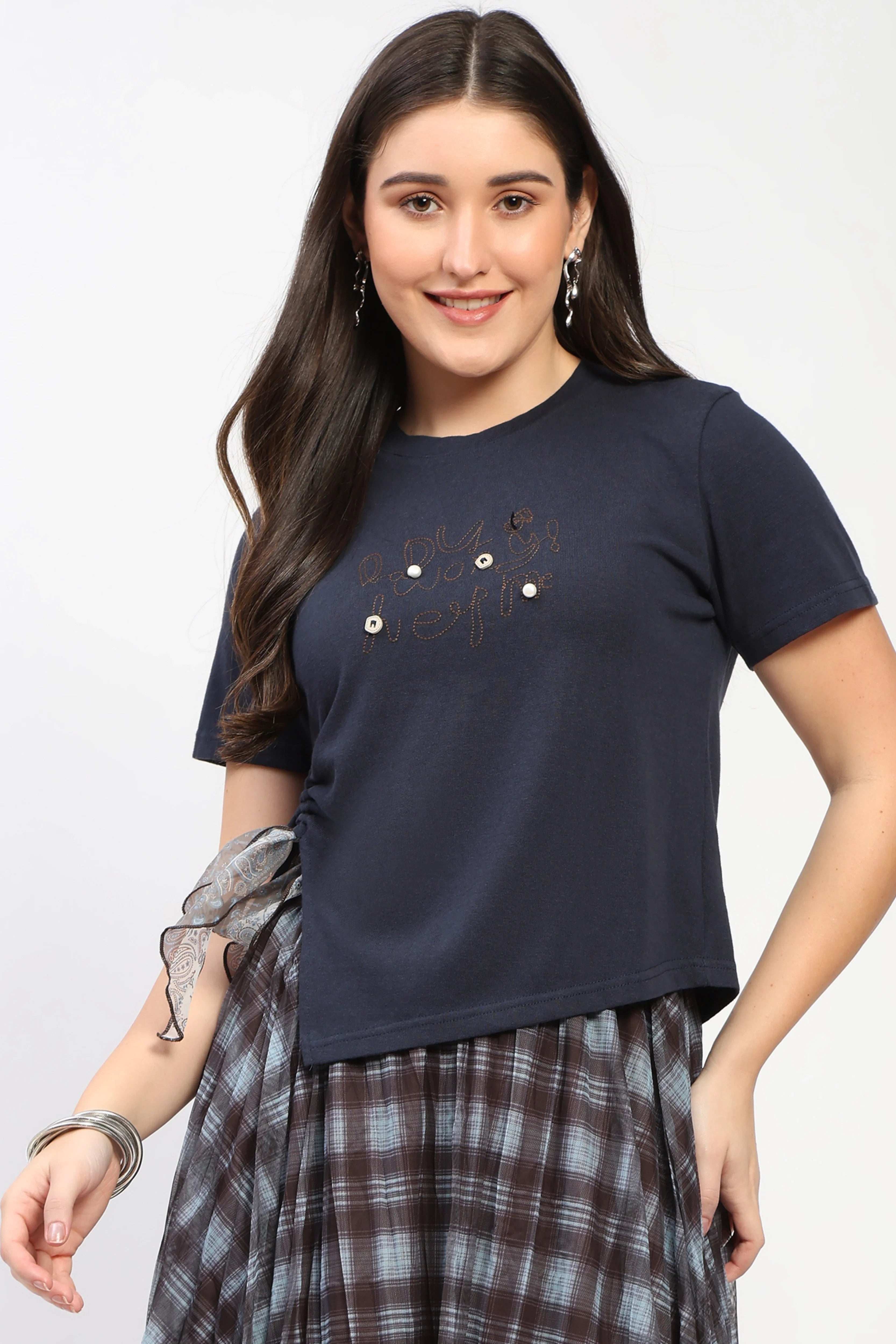 Navy Embellished Side-Tie Top-Global Republic