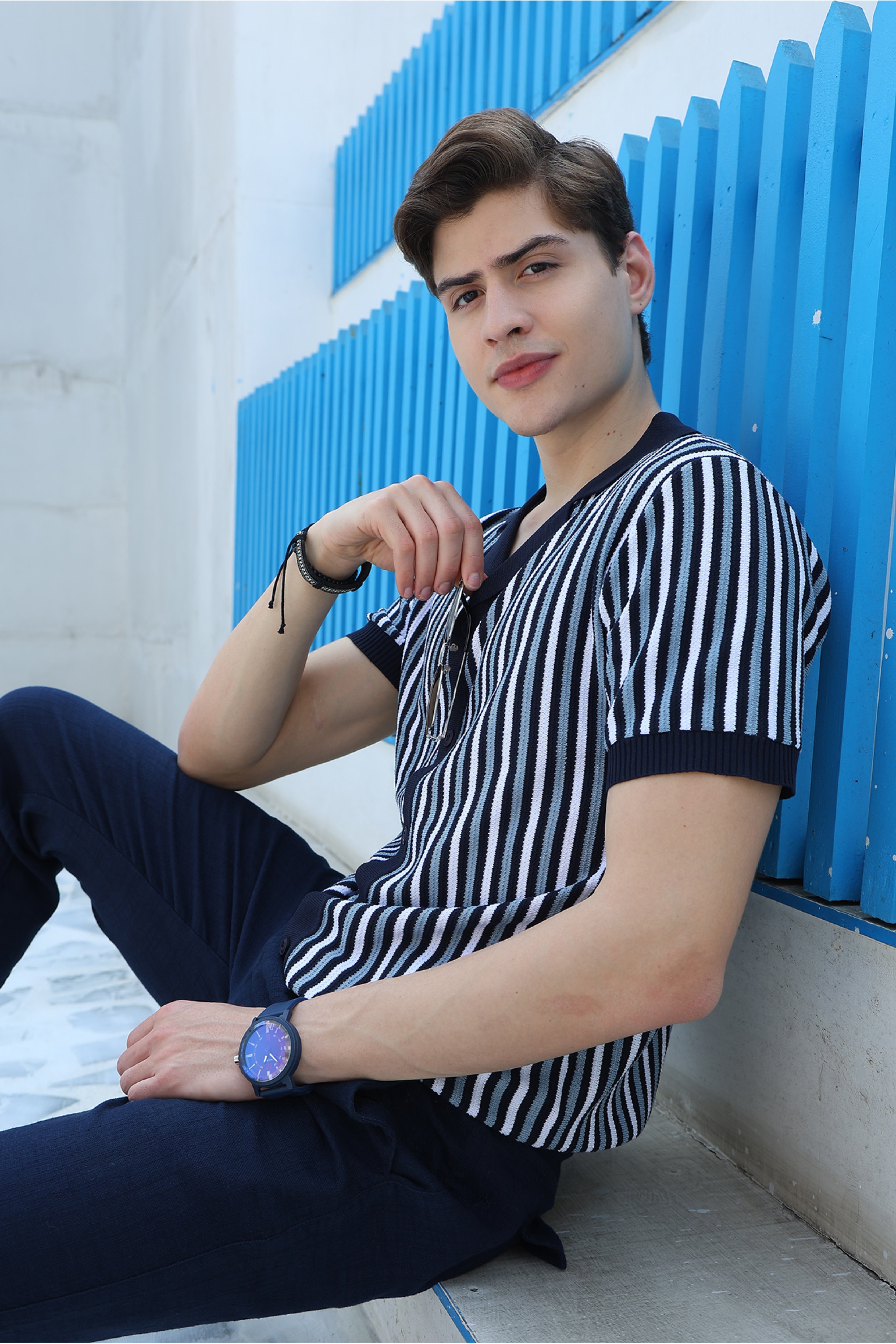 Navy Blue Viscose Blend Striped Shirt