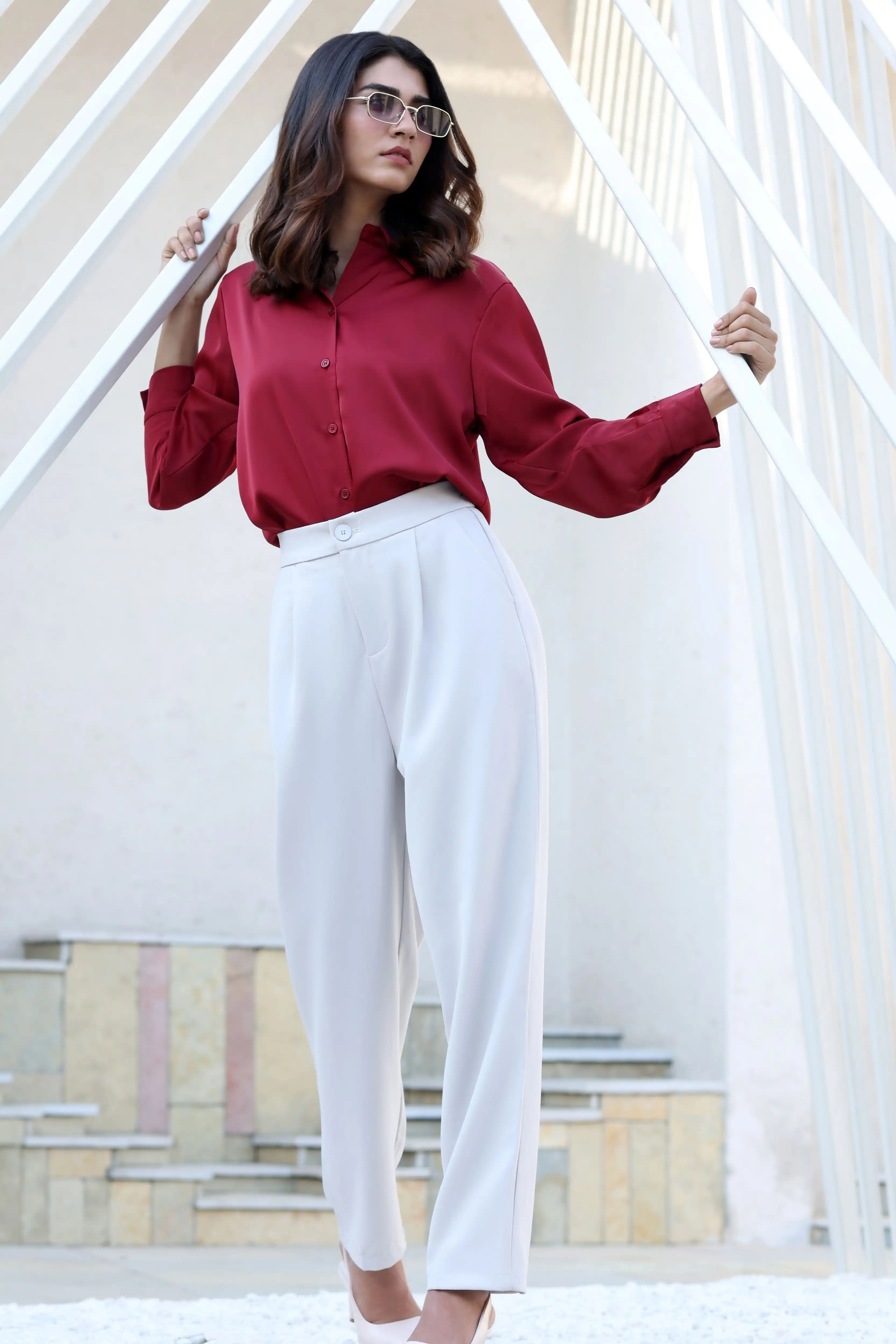 Red Solid Satin Relaxed Fit Shirt
