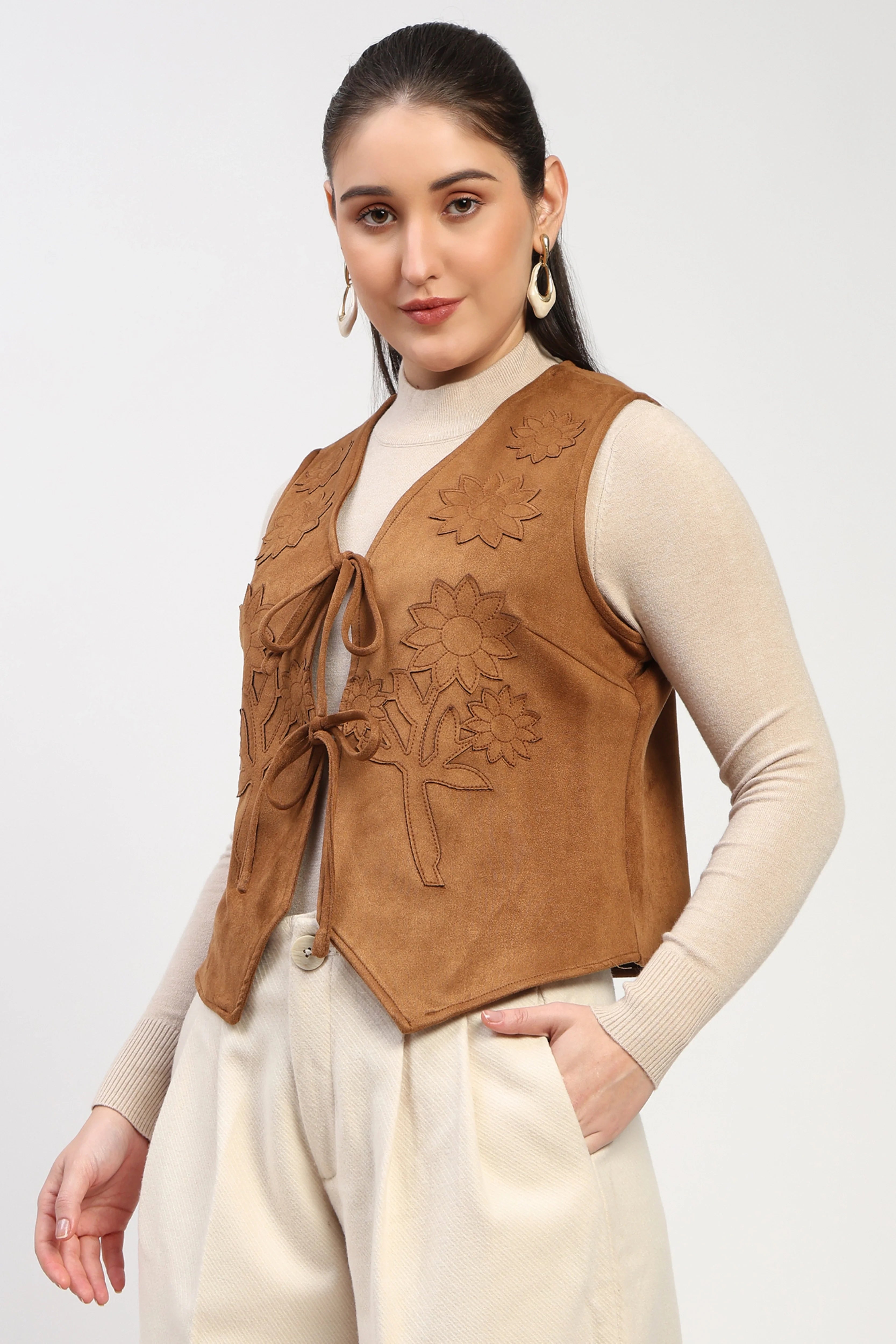Tan Floral Suede Waistcoat-Global Republic