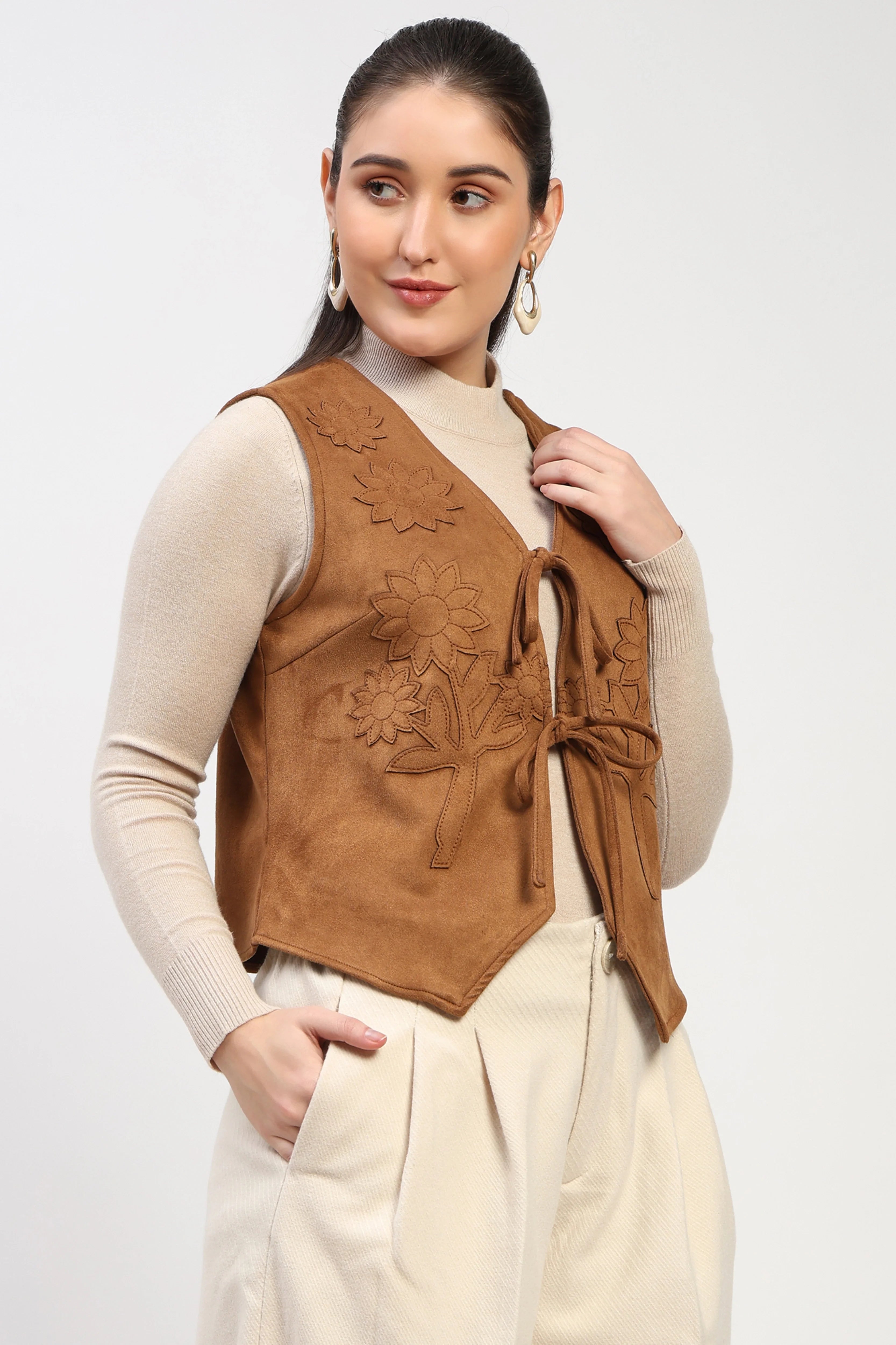 Tan Floral Suede Waistcoat-Global Republic