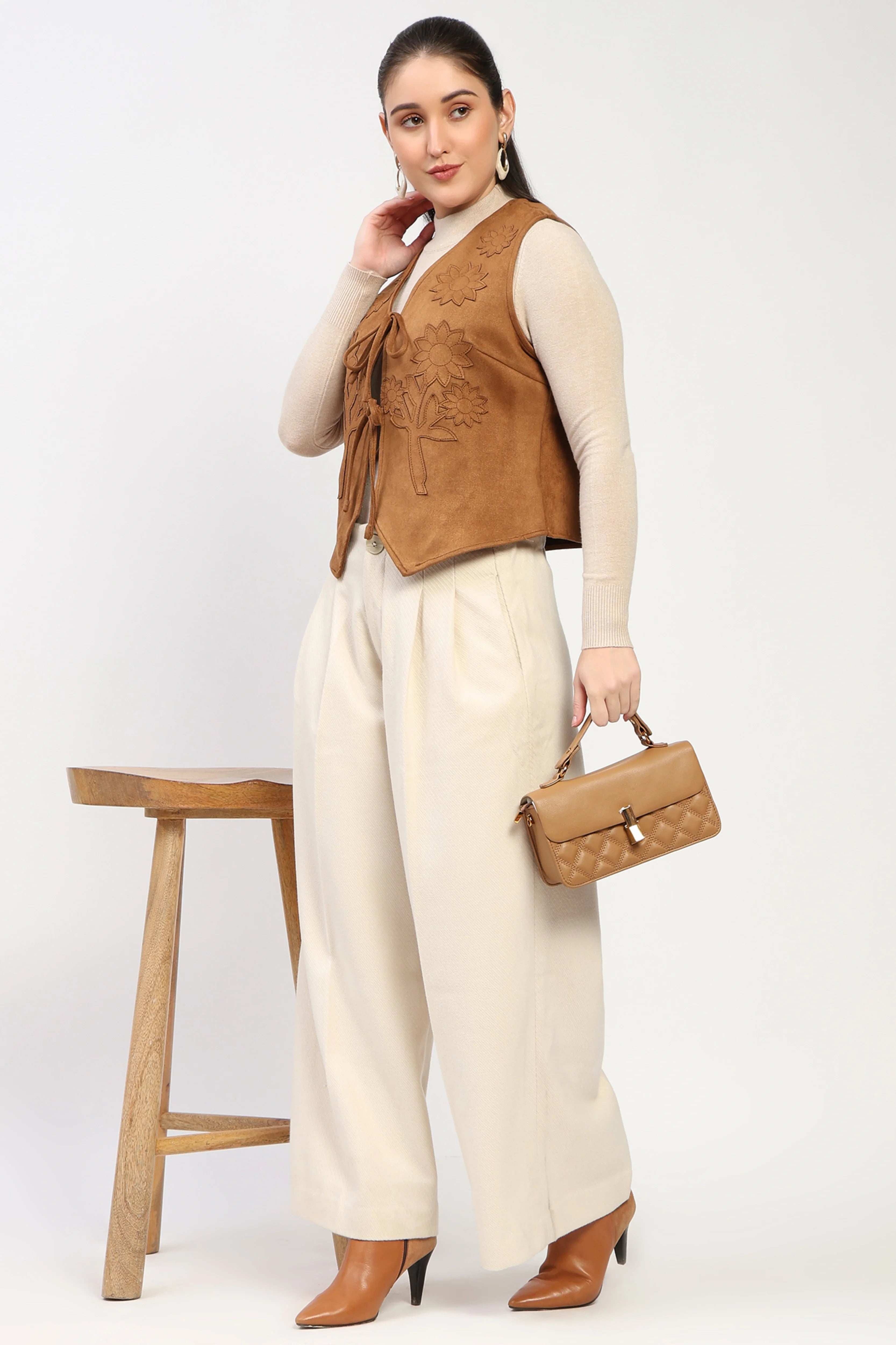 Tan Floral Suede Waistcoat-Global Republic