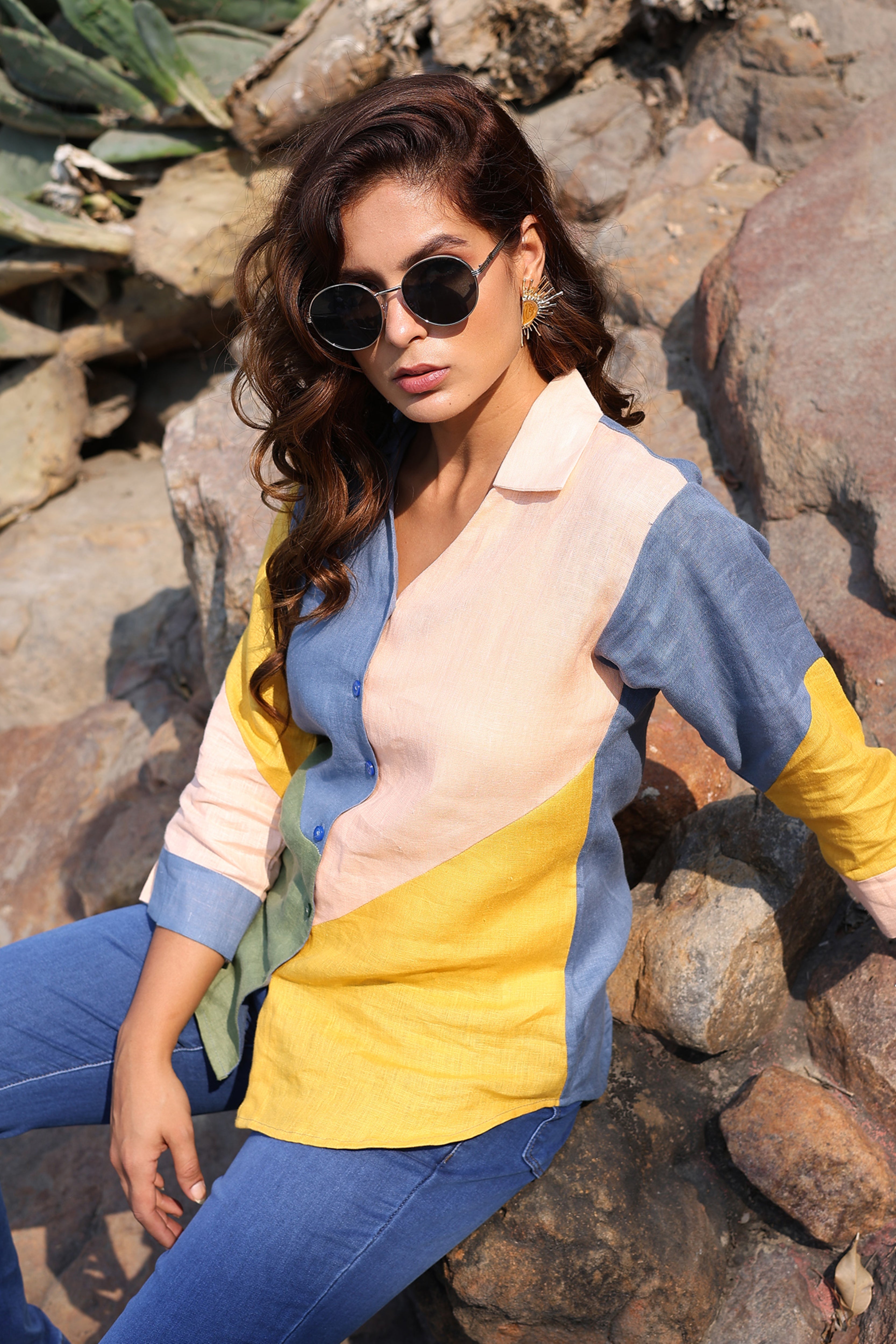 Multicolor Linen Color Block Shirt