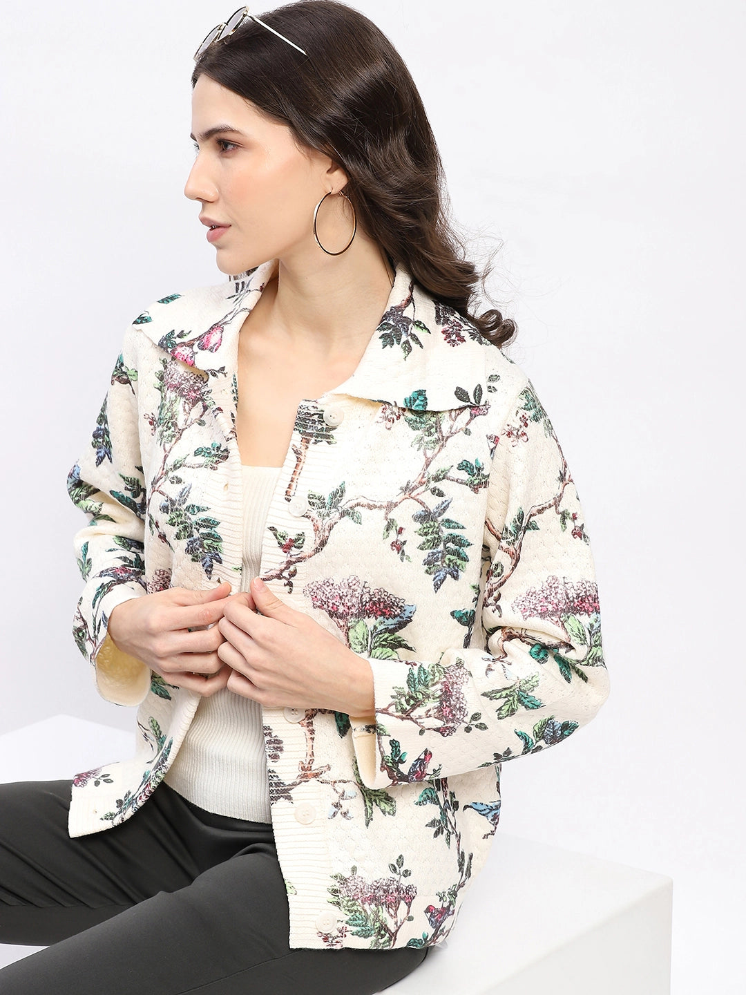 Botanical Print Loose-Fit Cardigan - Global Republic