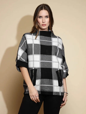 Black and White Check Raglan Sleeve Turtle Neck Acrylic Pullover Sweater