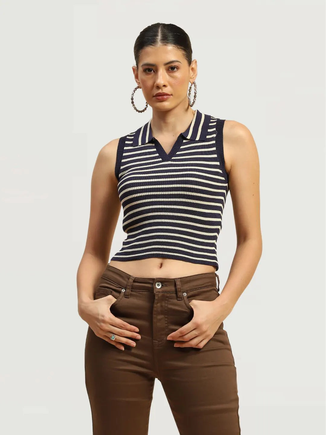 Navy Viscose Striped Slim Crop Top