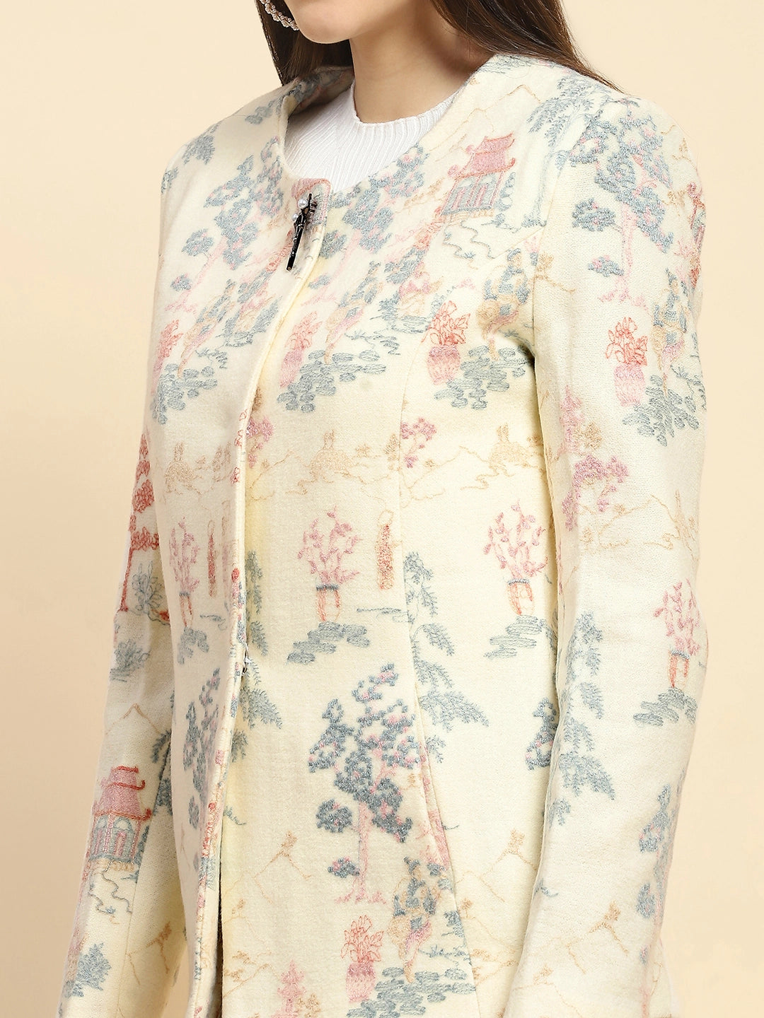 Cream  Acrylic Thread Embroidered Regular Fit Coat For Winter - Global Republic