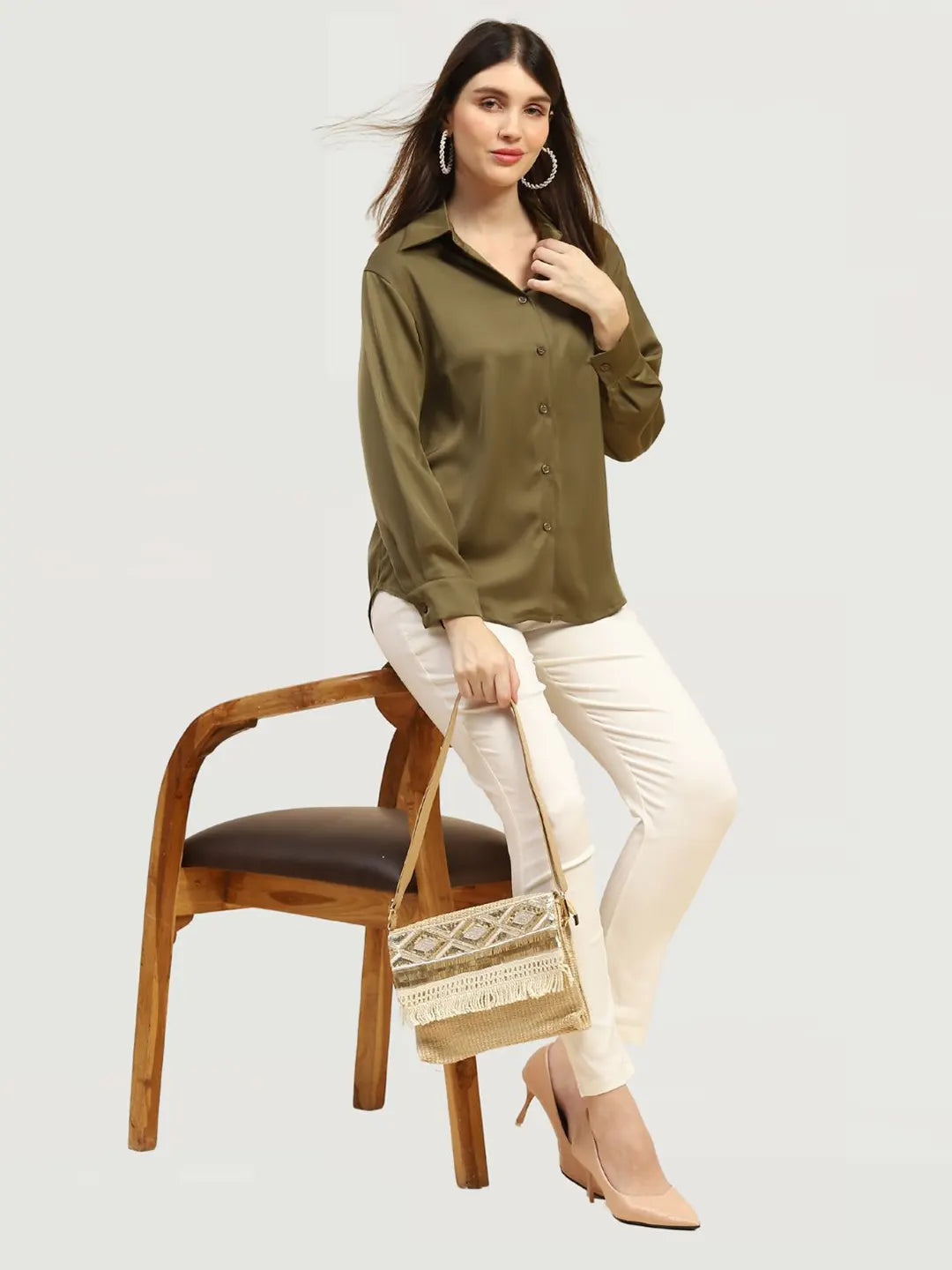 Olive Solid Satin Relaxed Fit Shirt