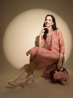 Peach Embroidered Muslin Kurta