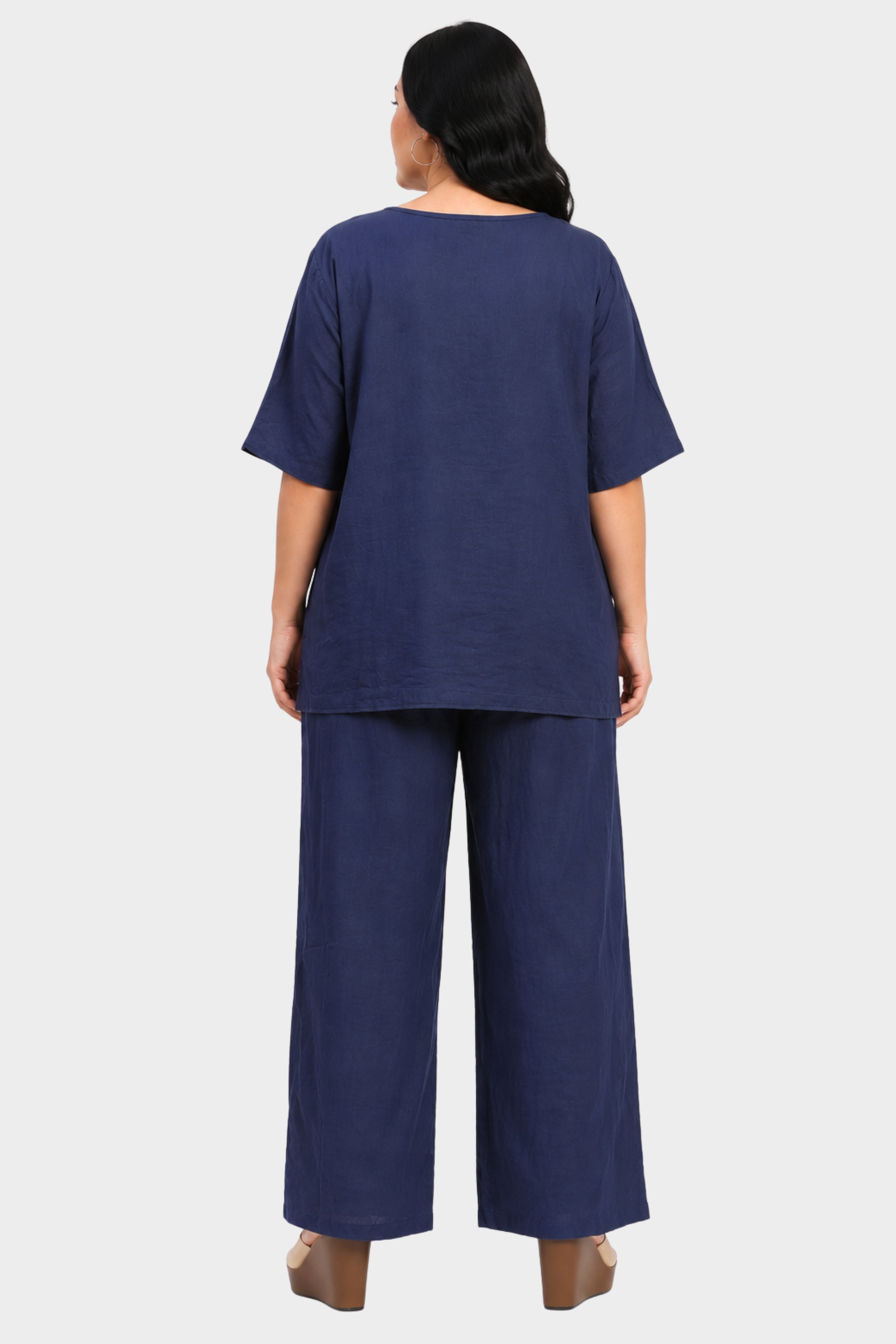 Navy Blue Leaf Embroidered Lounge Wear Set