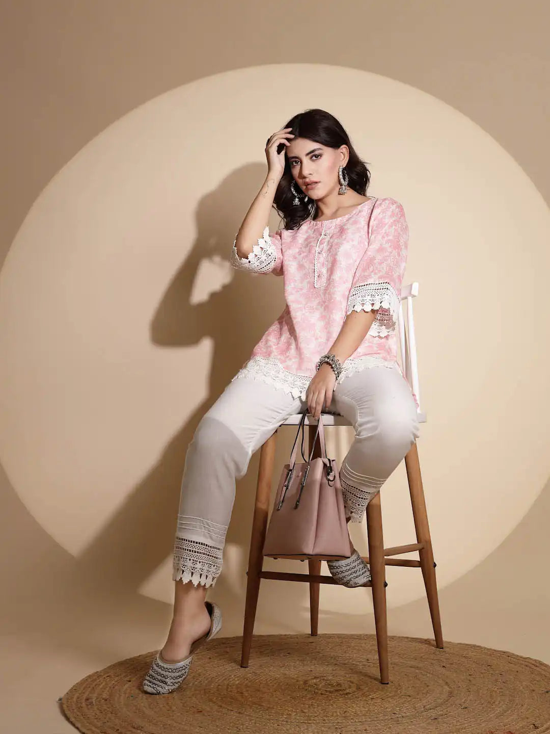 Pink Floral Print Three Fourth Sleeve Round Neck Tunic Set