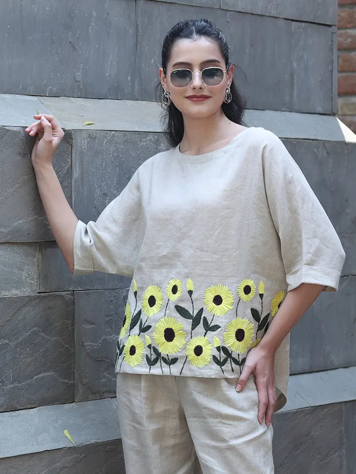 Floral Embroidered Linen Loose Top