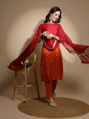 Orange Foil Printed Three Quarter Sleeves Round Neck Silk Kurta Set With Organza Dupatta