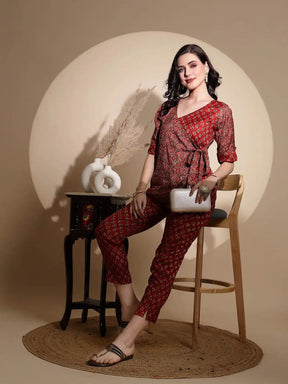 Red Embellished Cotton Tunic Set