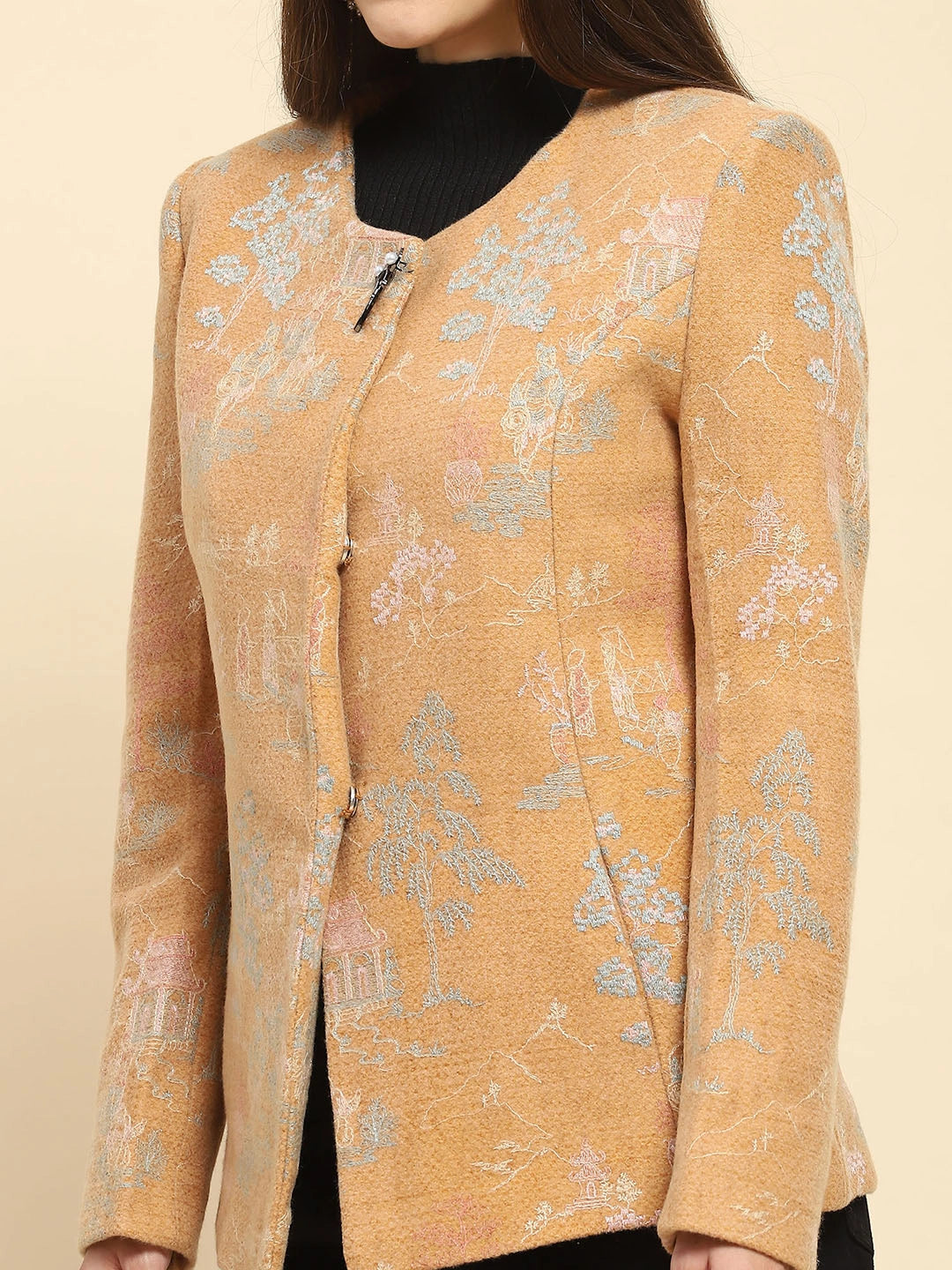 Tan  Acrylic Embroidered Winter Coat - Global Republic
