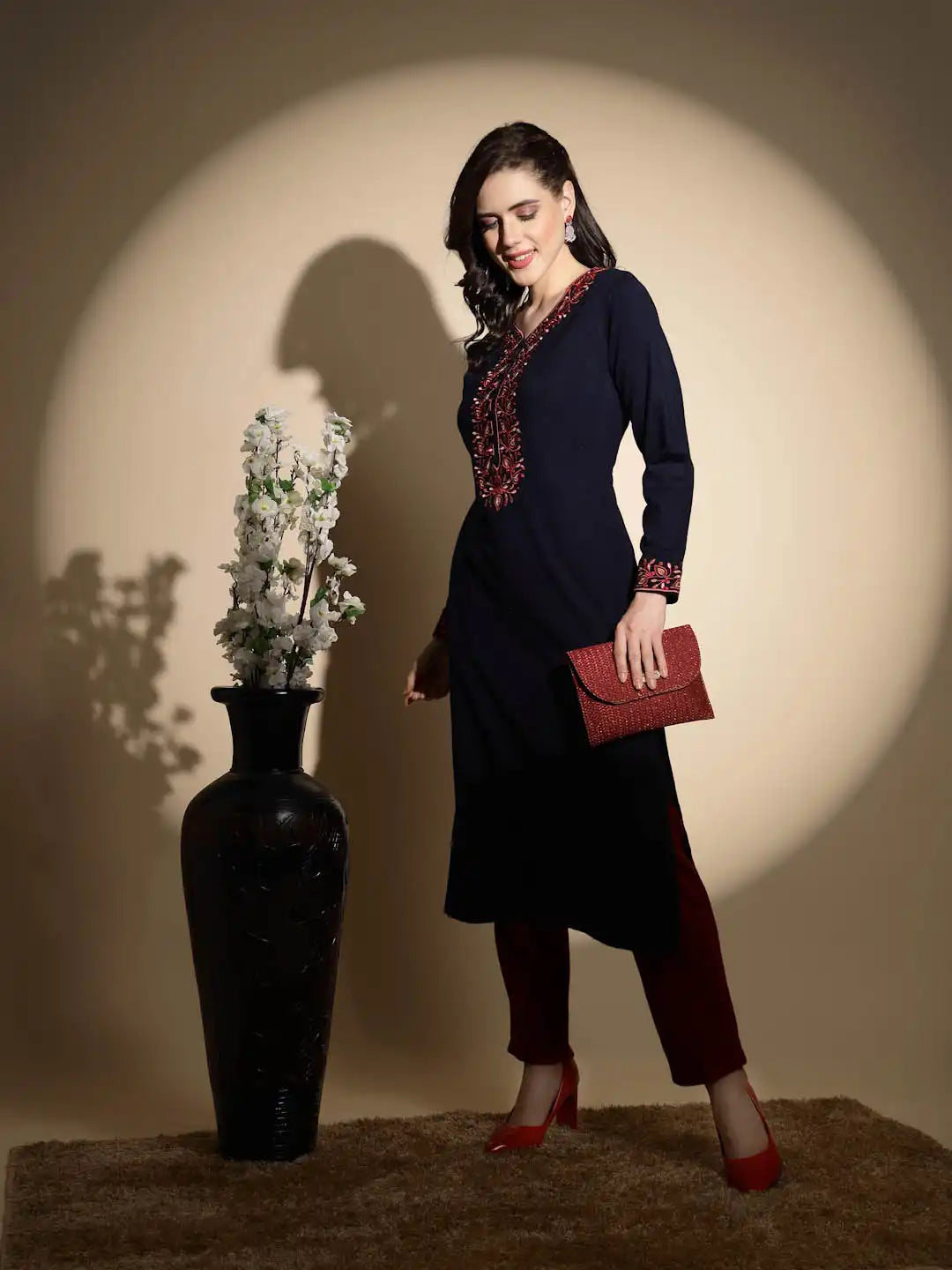 Royal Blue Embroidered Full Sleeves Raglan Cut Crew Neck Woolen Kurta