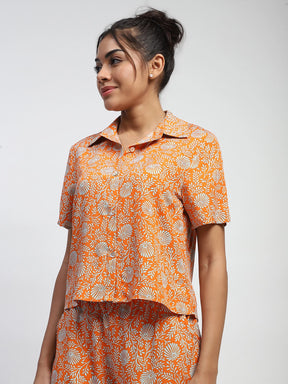 Orange Rayon Floral Nightsuit