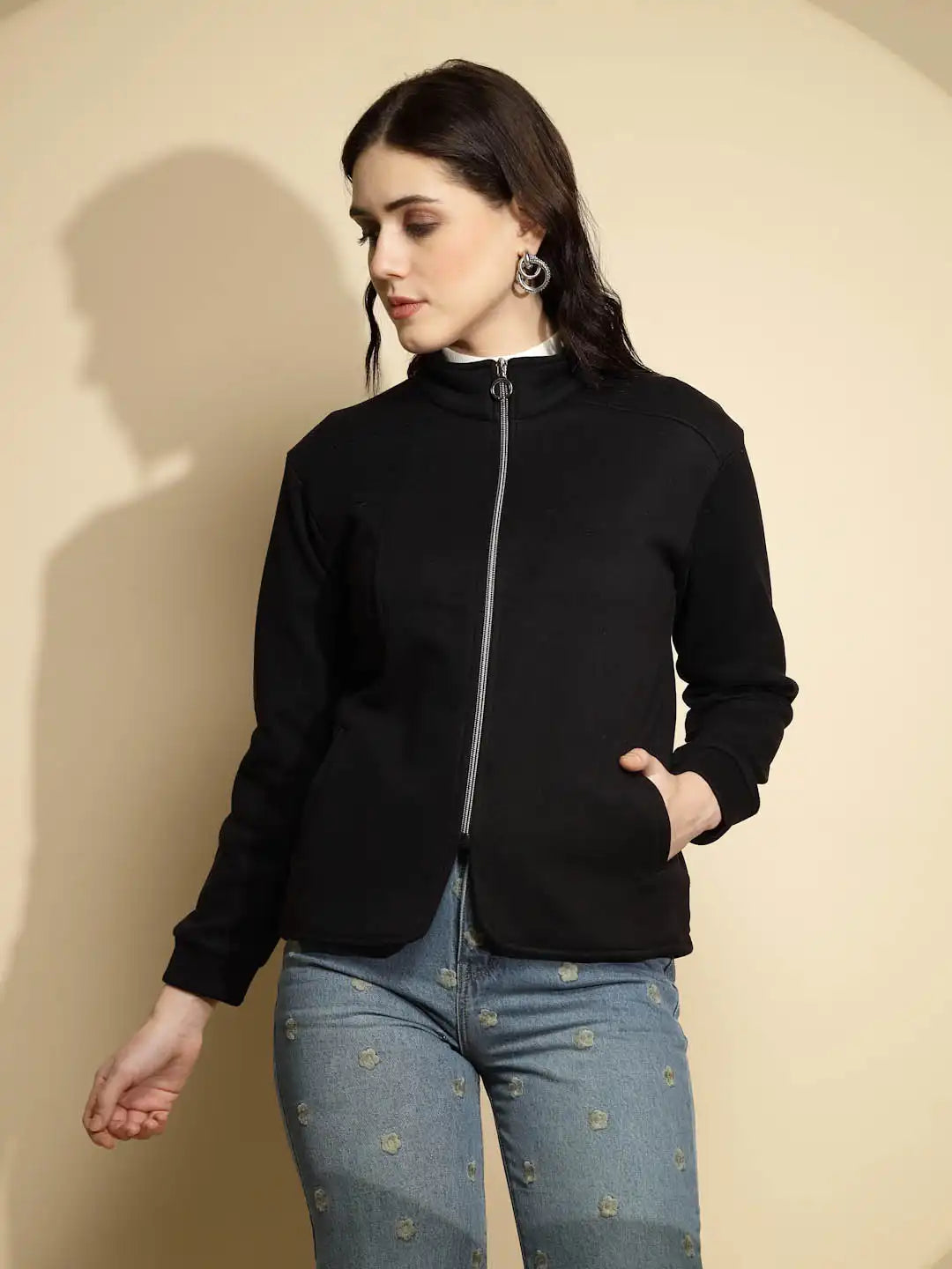 Black Solid Full Sleeve Turtle Neck Fleece Sweatshirt - Global Republic