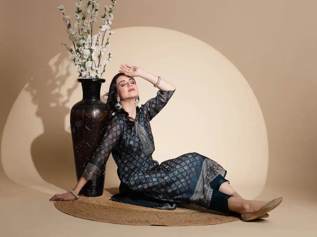 Blue Embroidery Print Three Fourth Sleeve Cotton Kurta Set - Global Republic
