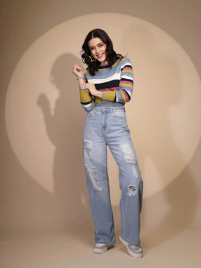 Regular Fit Denim Mid Rise Blue Distressed Jeans
