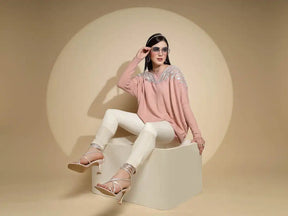 Pink Embellished Full Sleeve Round Neck Nylon Pullover Sweater