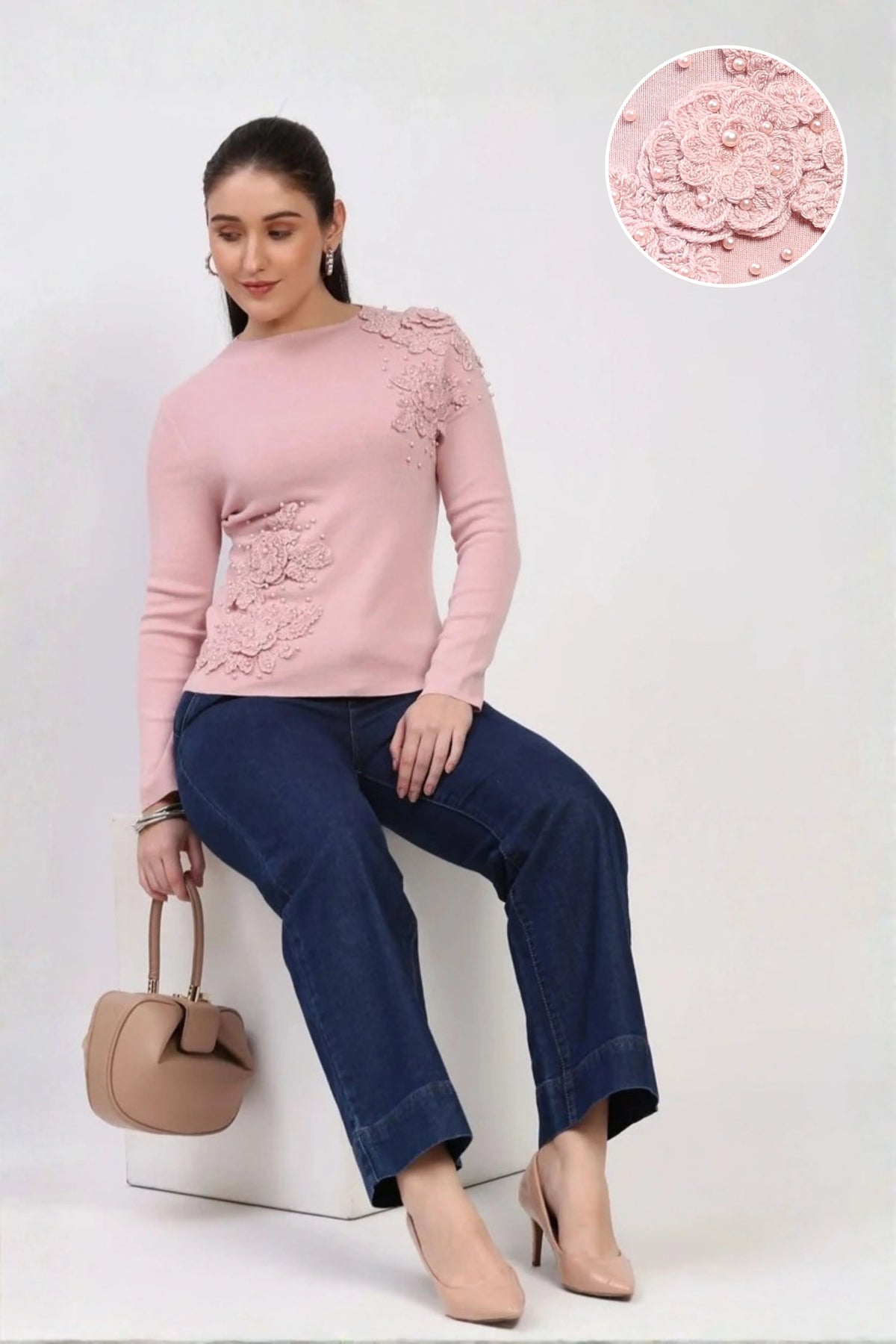 Pink Floral Embellished Pullover