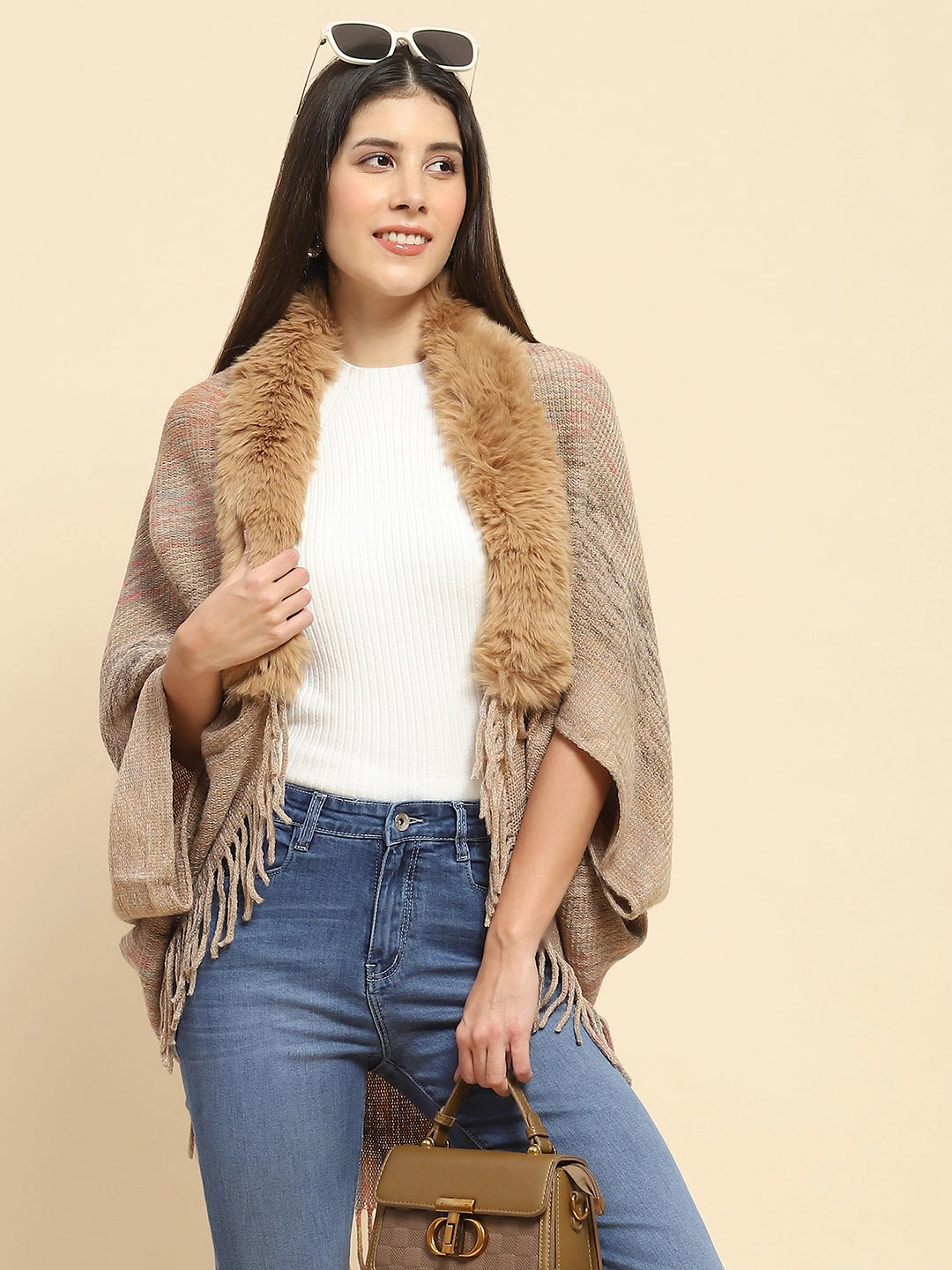 Khaki Mélange Acrylic Knitted Relaxed Fit Cape - Global Republic