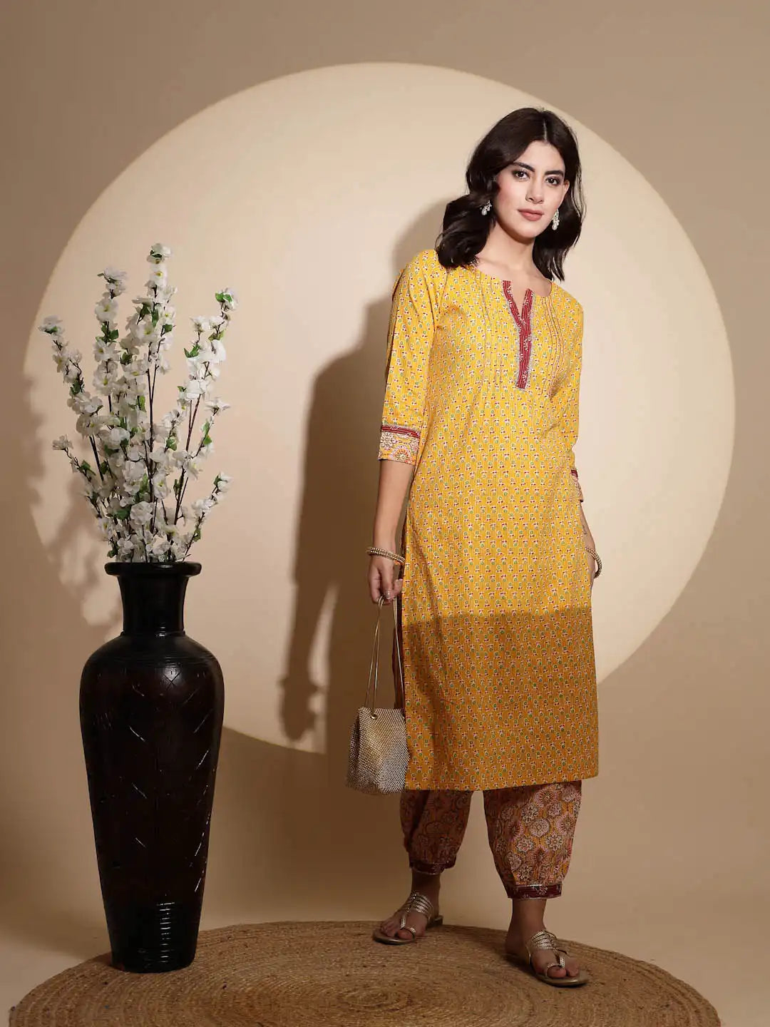 Yellow Embellished Three Fourth Sleeve V Neck Cotton Kurta Set - Global Republic