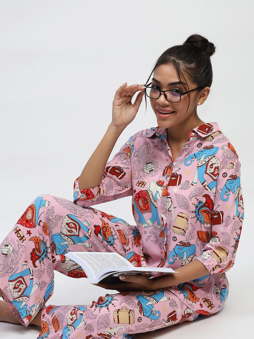 Pink Rayon Graphic Print Nightsuit