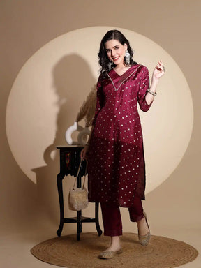 Purple Embellished Three Fourth Sleeve V Neck Kurta Set