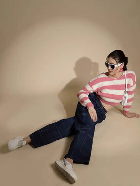 Pink & Cream Striped Full Sleeve Round Neck Acrylic Pullover