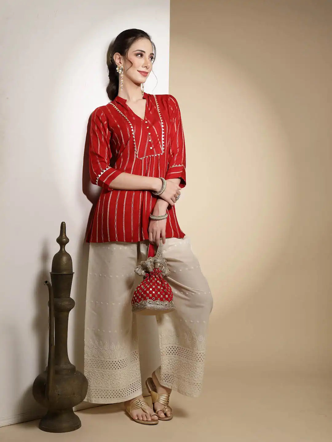 Red Printed Three Quarter Sleeves Mandarin Collar Tunic - Global Republic
