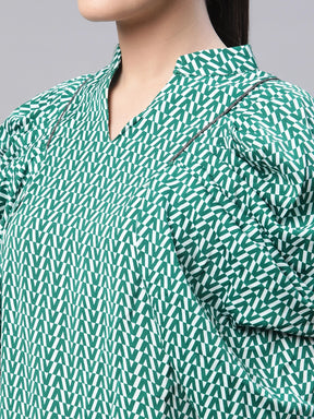 Women V-Neck Regular Cowl Sleeves Printed Blouson Top