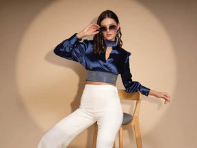 Women's Solid Key Hole Blue Blouse & Top