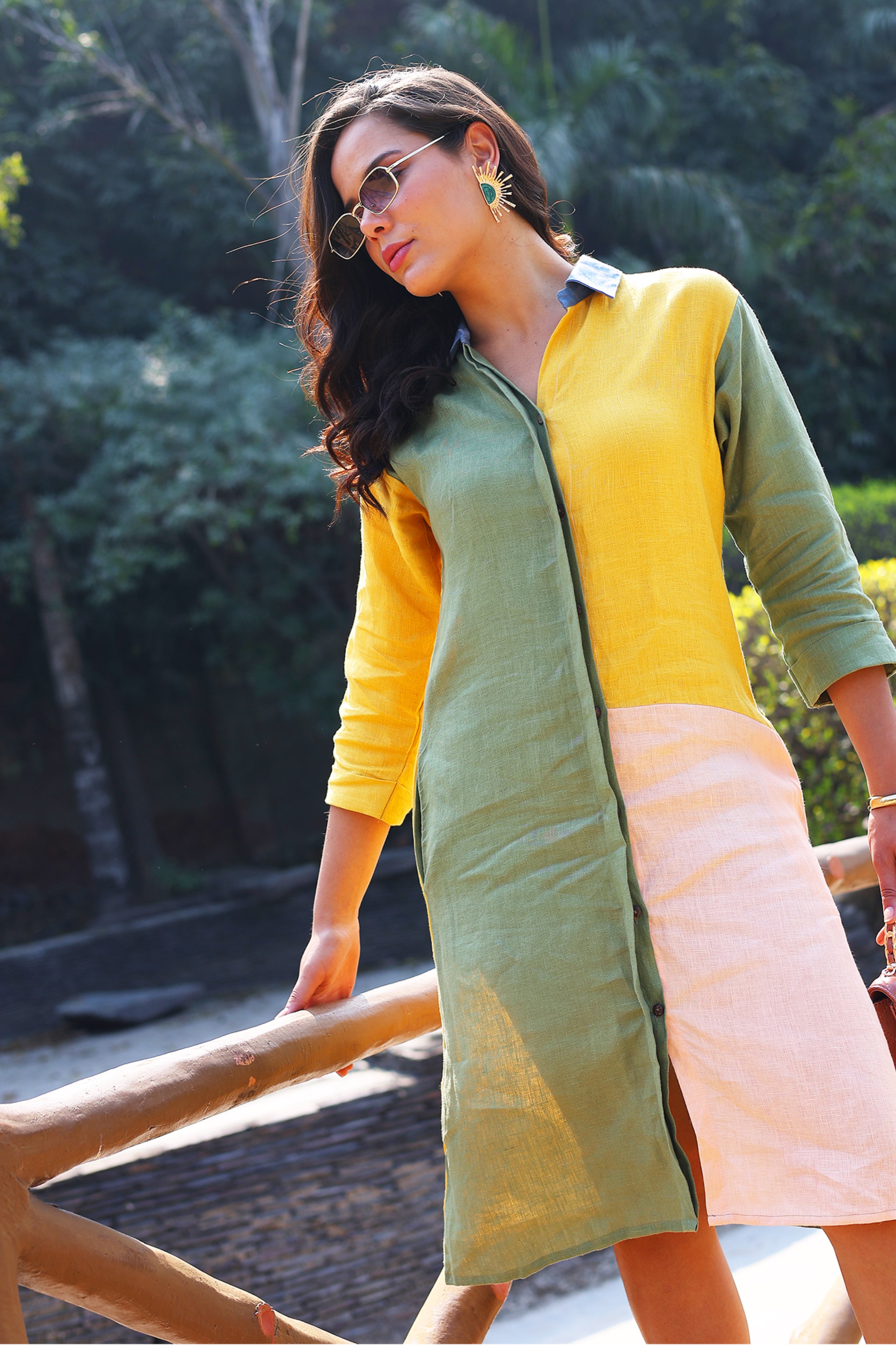 Multicolor Linen Color Block Dress