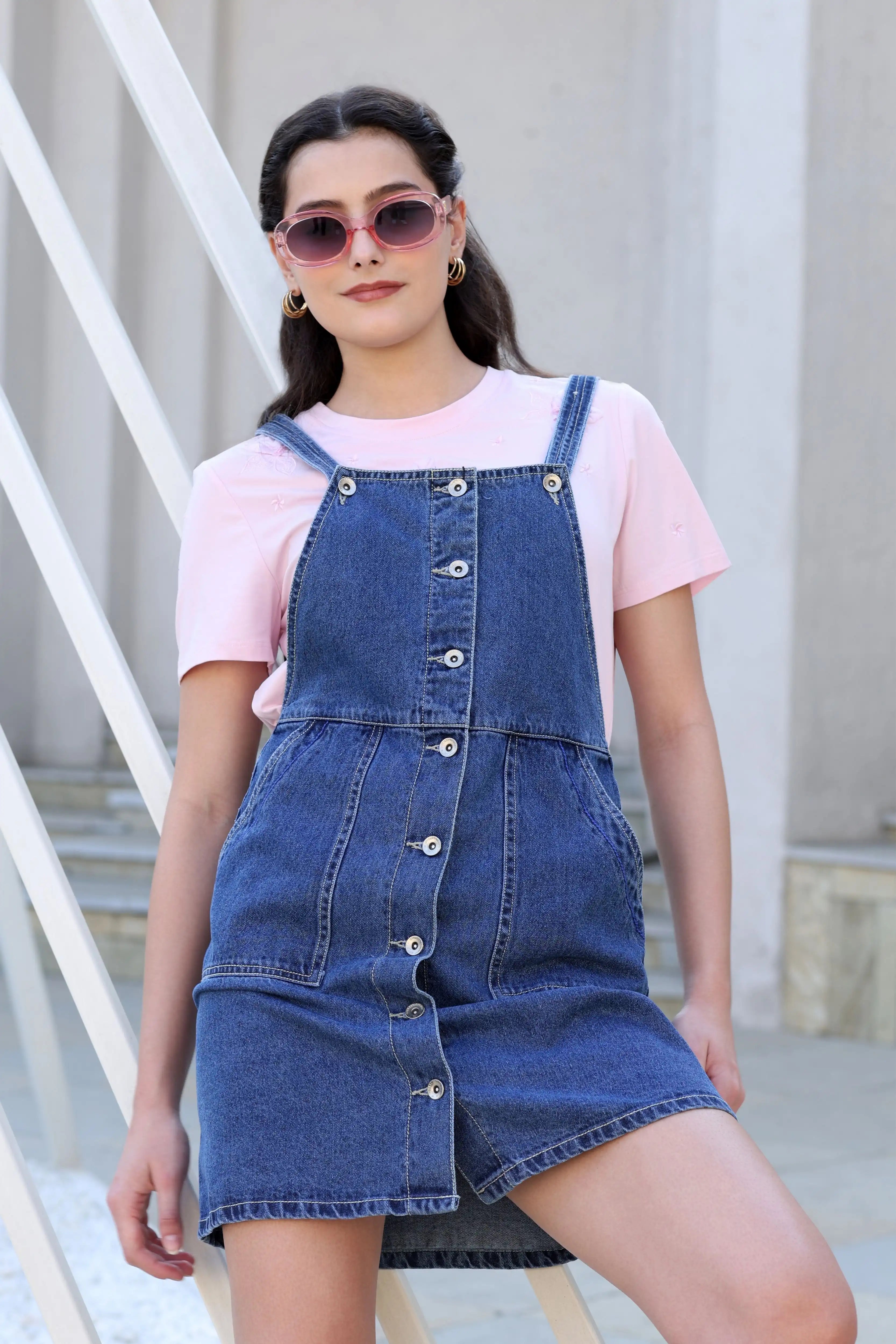 Blue Solid Cotton Blend Dungaree - Global Republic