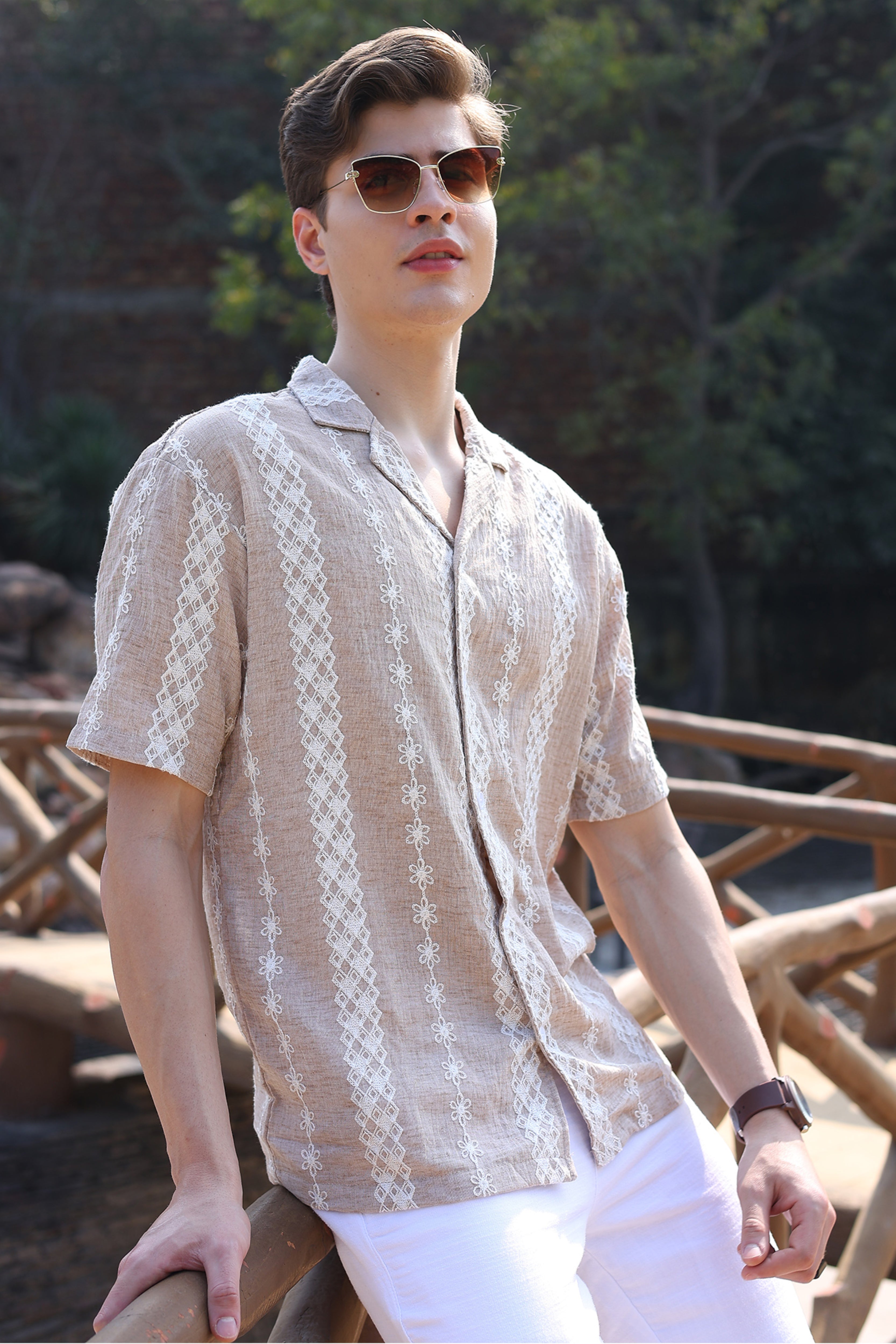 Beige Linen Blend Embroidered Shirt