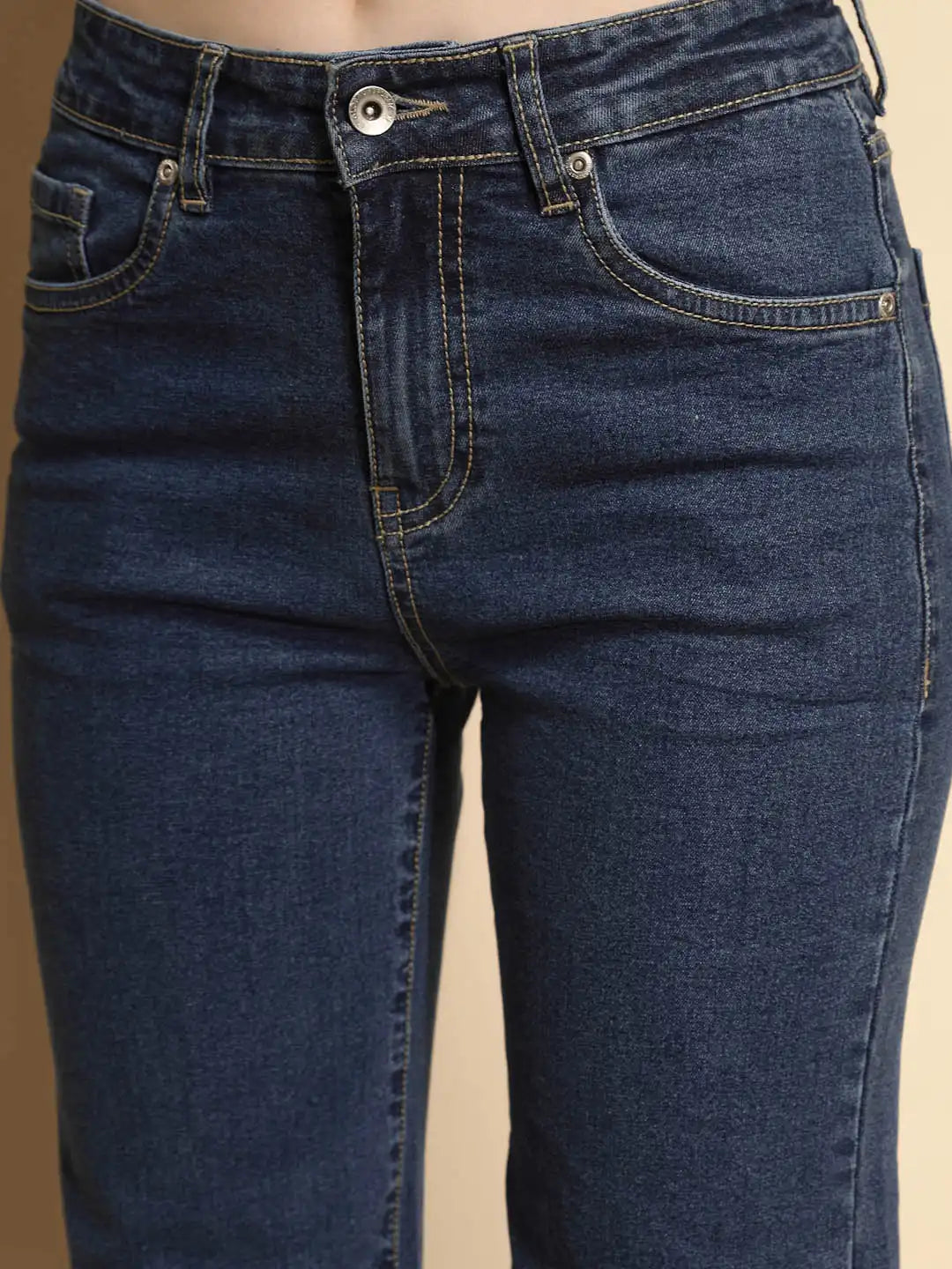 Dark Blue Solid Cotton Blend Mid Rise Wide Leg Jeans - Global Republic