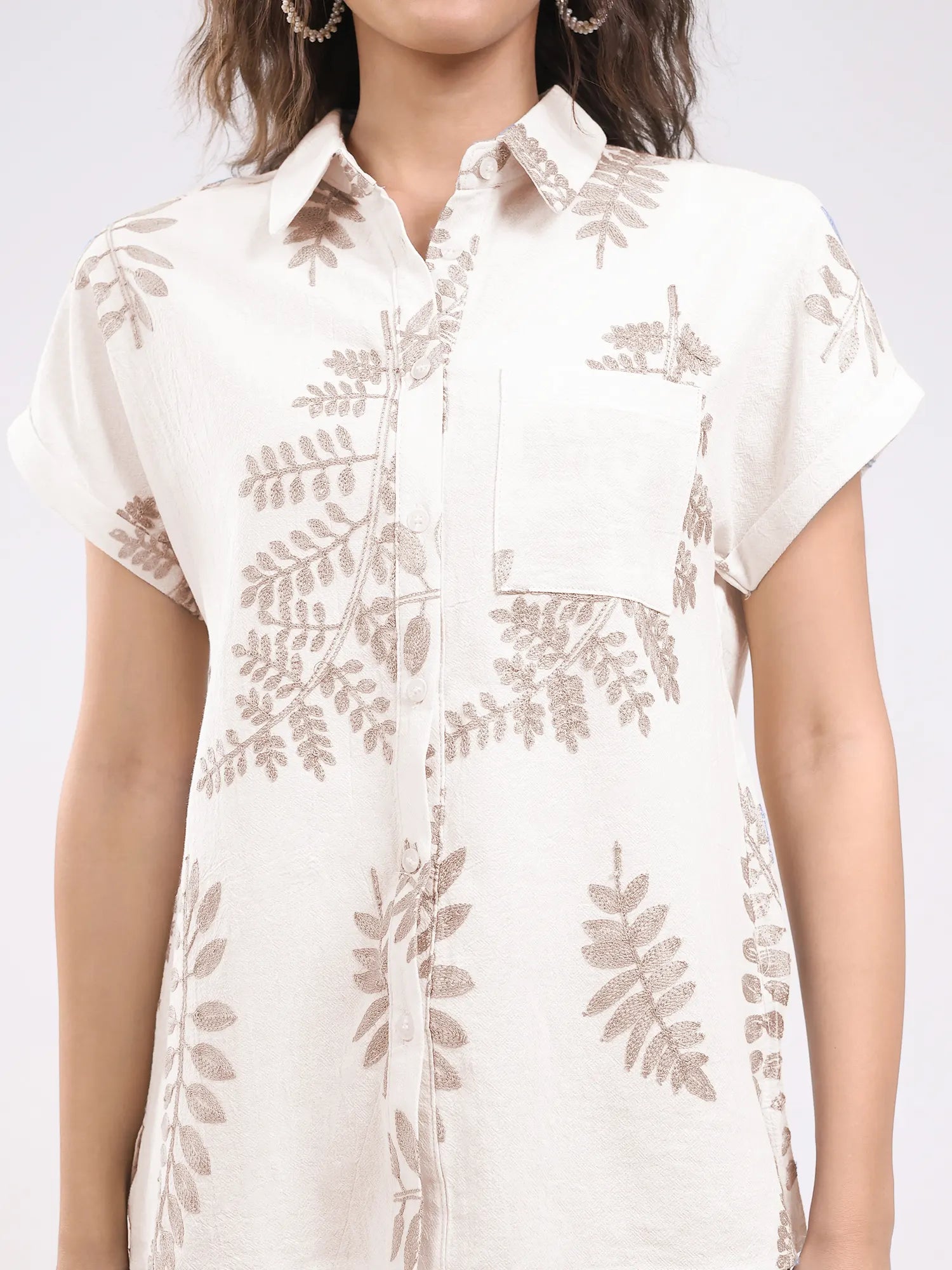 Beige Embroidered Boxy Shirt
