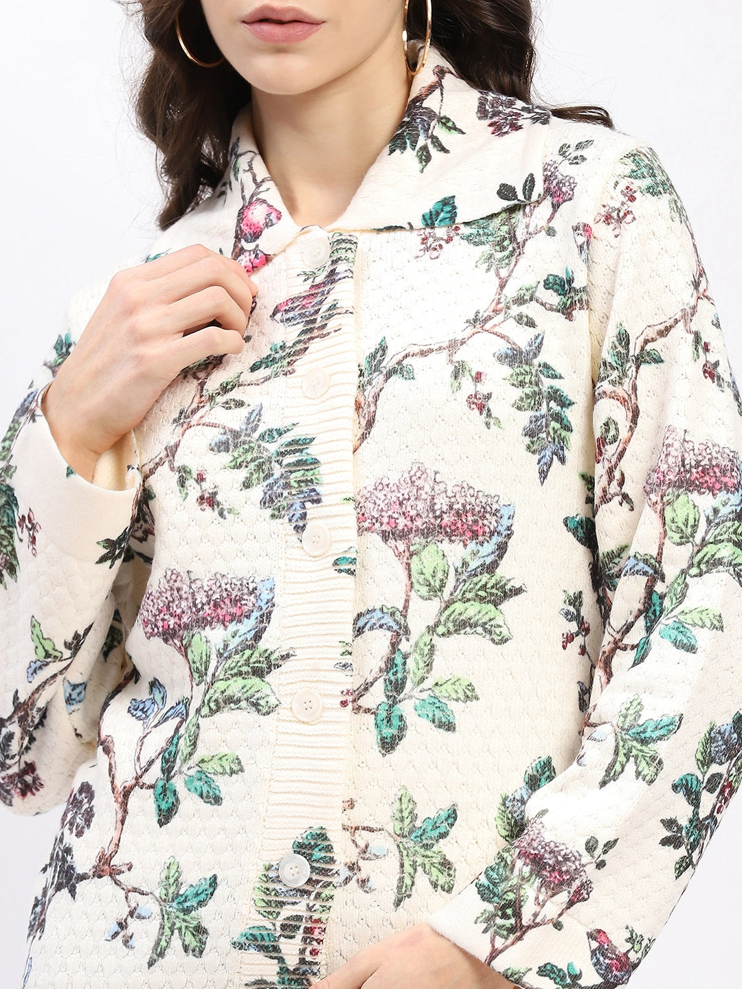 Botanical Print Loose-Fit Cardigan - Global Republic