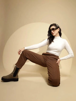 Brown Solid Cotton Mid Rise Ankle Length Trouser