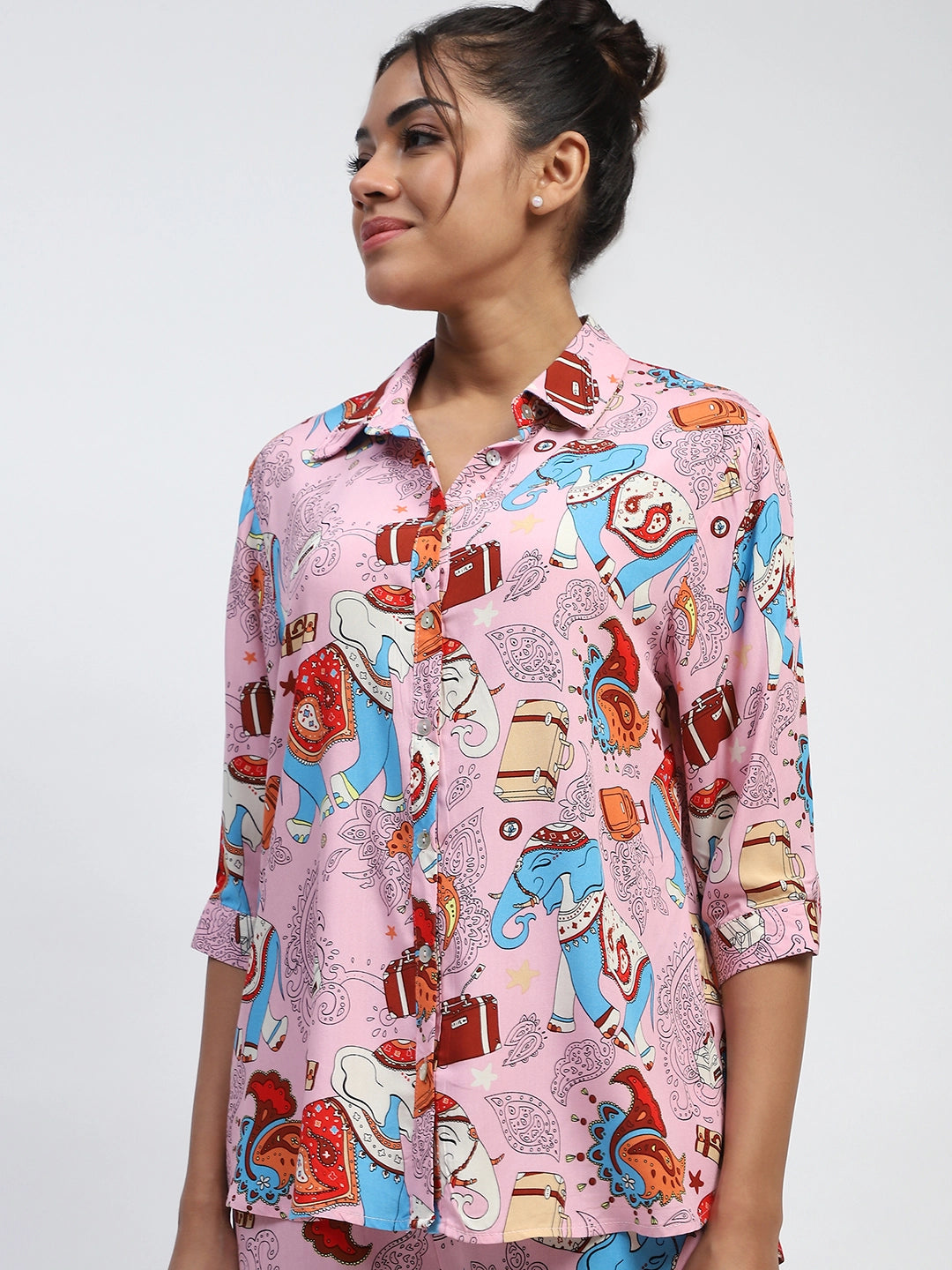 Pink Rayon Graphic Print Nightsuit