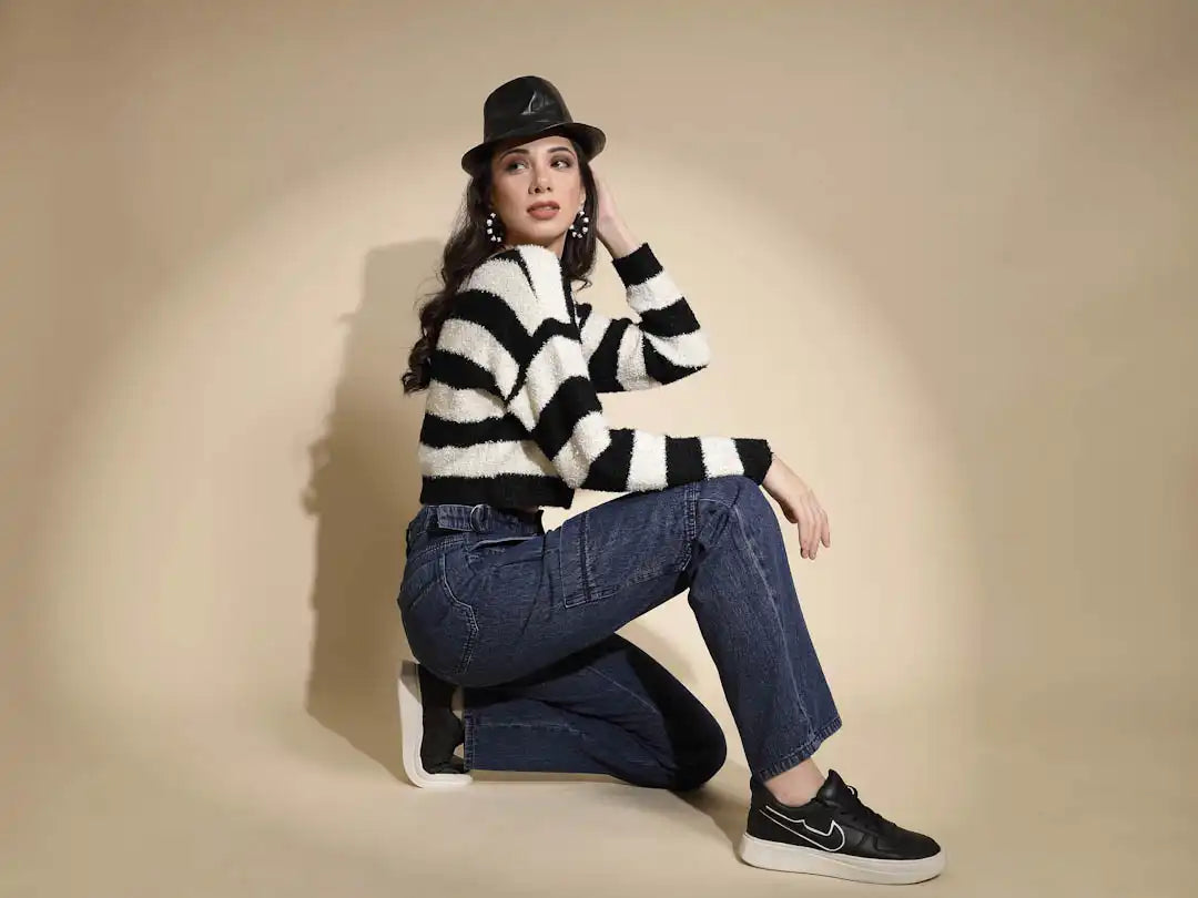 Black And Cream Striped Full Sleeve Round Neck Acrylic Pullover