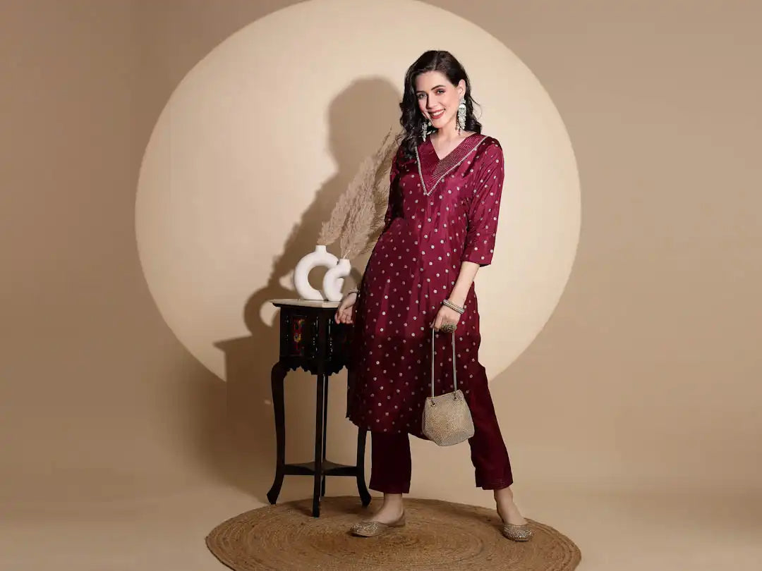 Purple Embellished Three Fourth Sleeve V Neck Kurta Set