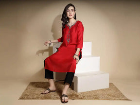Red Embroidered Three Quarter Sleeves Round With V Neck Cotton Blend Kurta