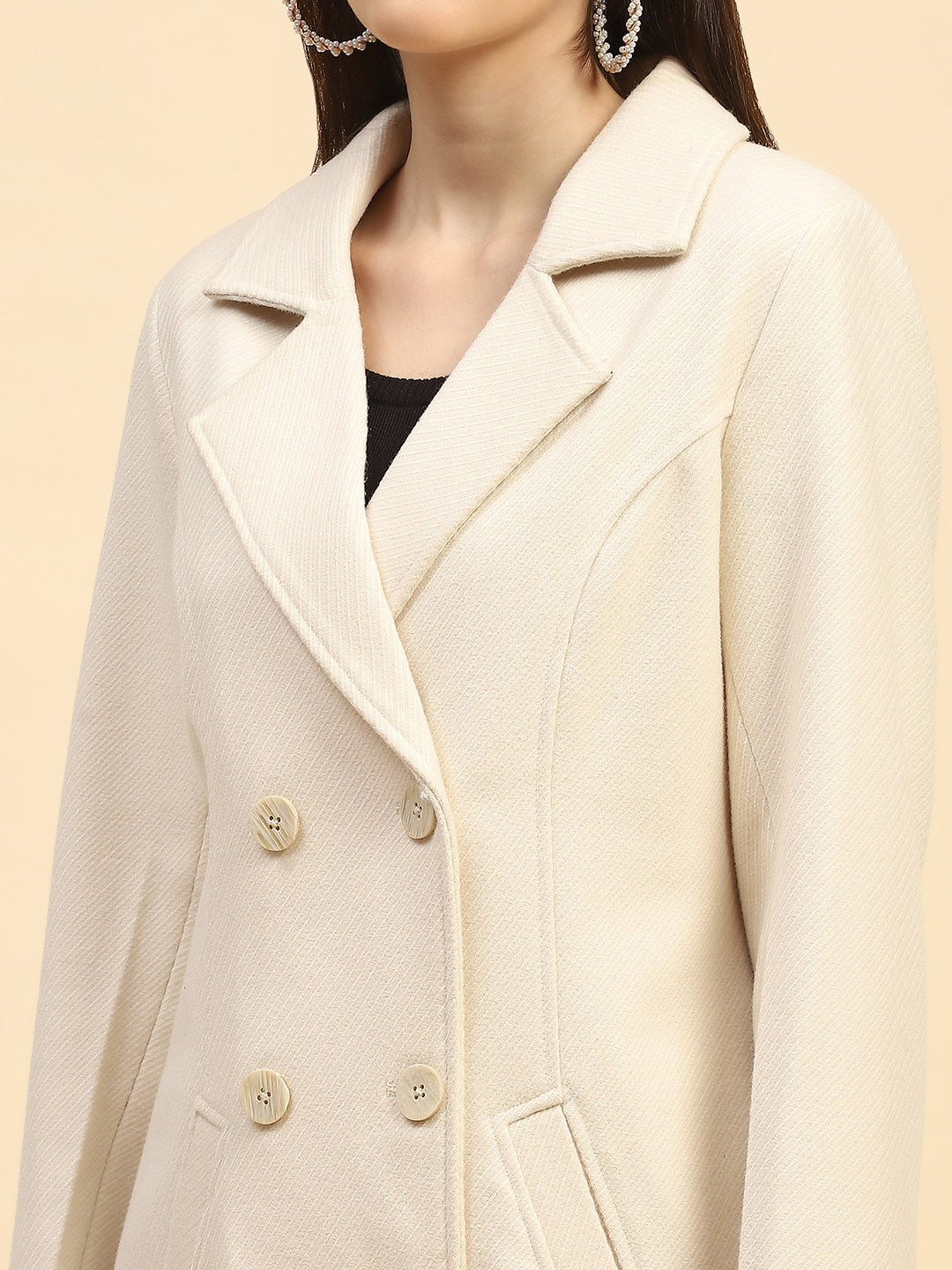 Cream Viscose Coat With Trouser Winter Set - Global Republic