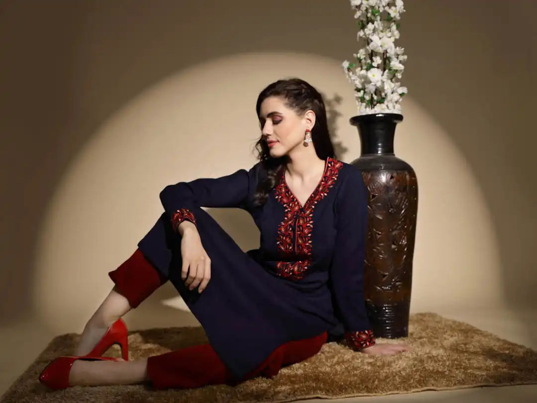 Royal Blue Embroidered Full Sleeves Raglan Cut Crew Neck Woolen Kurta